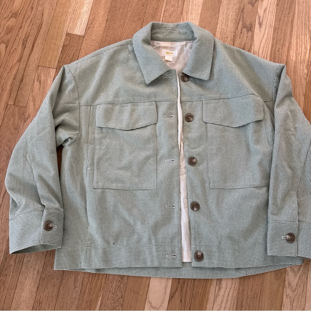 Anthropology green houndstooth oversized utility jacket size large button front